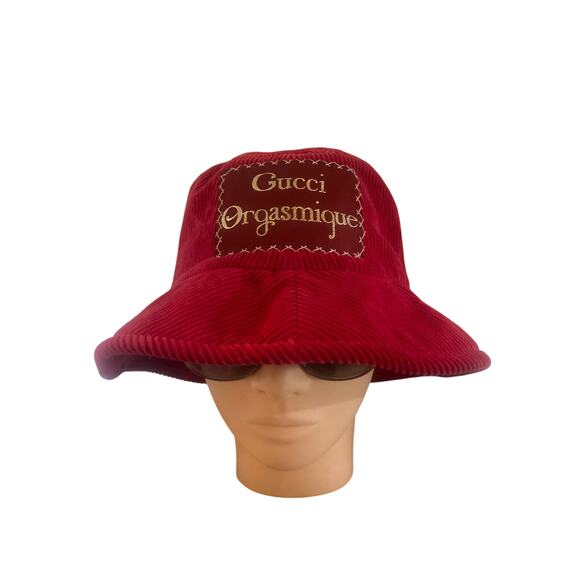 GUCCI Orgasmique Red Corduroy Bucket Hat NWOT NEVER WORN Italy LUXURY CASUAL - Picture 3 of 9